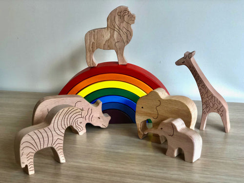 African Wooden Animals Play Set – Montessori Safari & Wooden Zoo Animal Toys for Kids